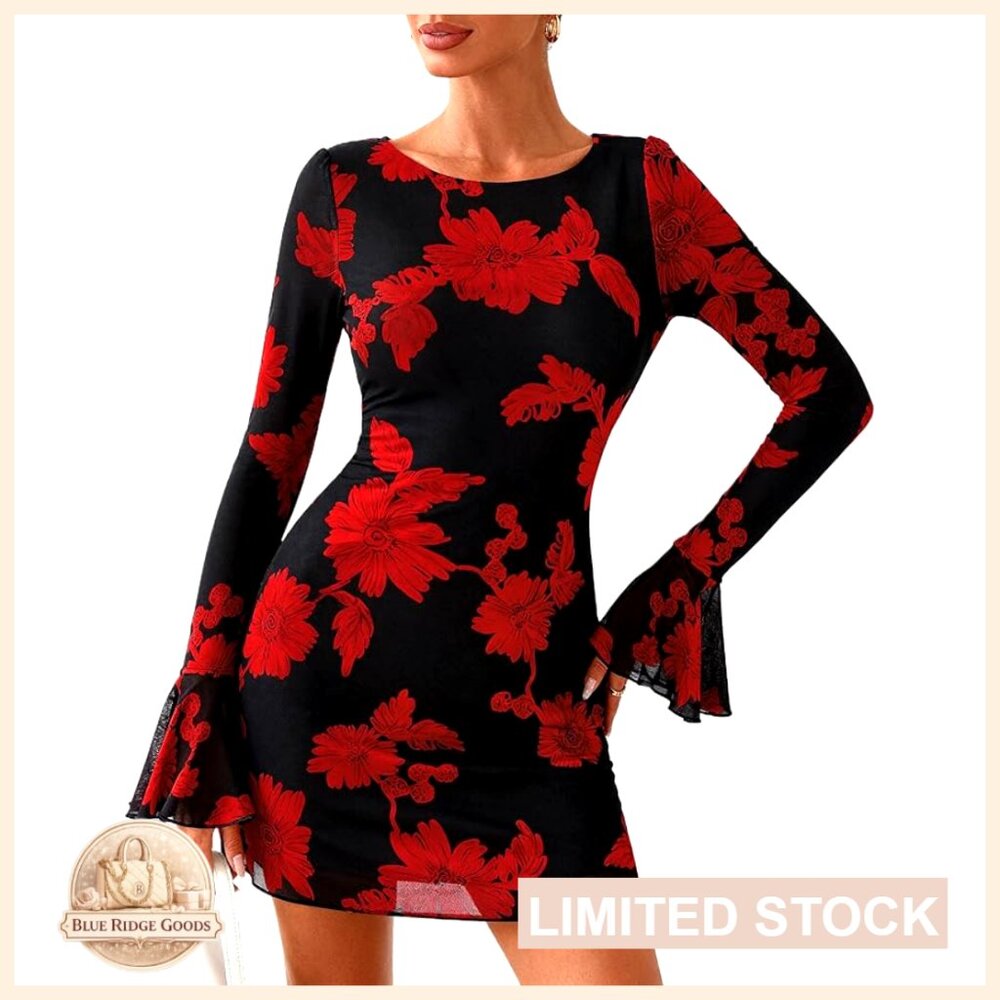 Floral Bell Sleeve Bodycon Mini Dress Mesh Party Night Out Chic